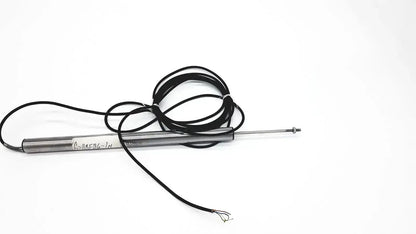 Silver cylindrical omega LD300-150 lvdt linear position sensor with black coiled cable and exposed wire ends