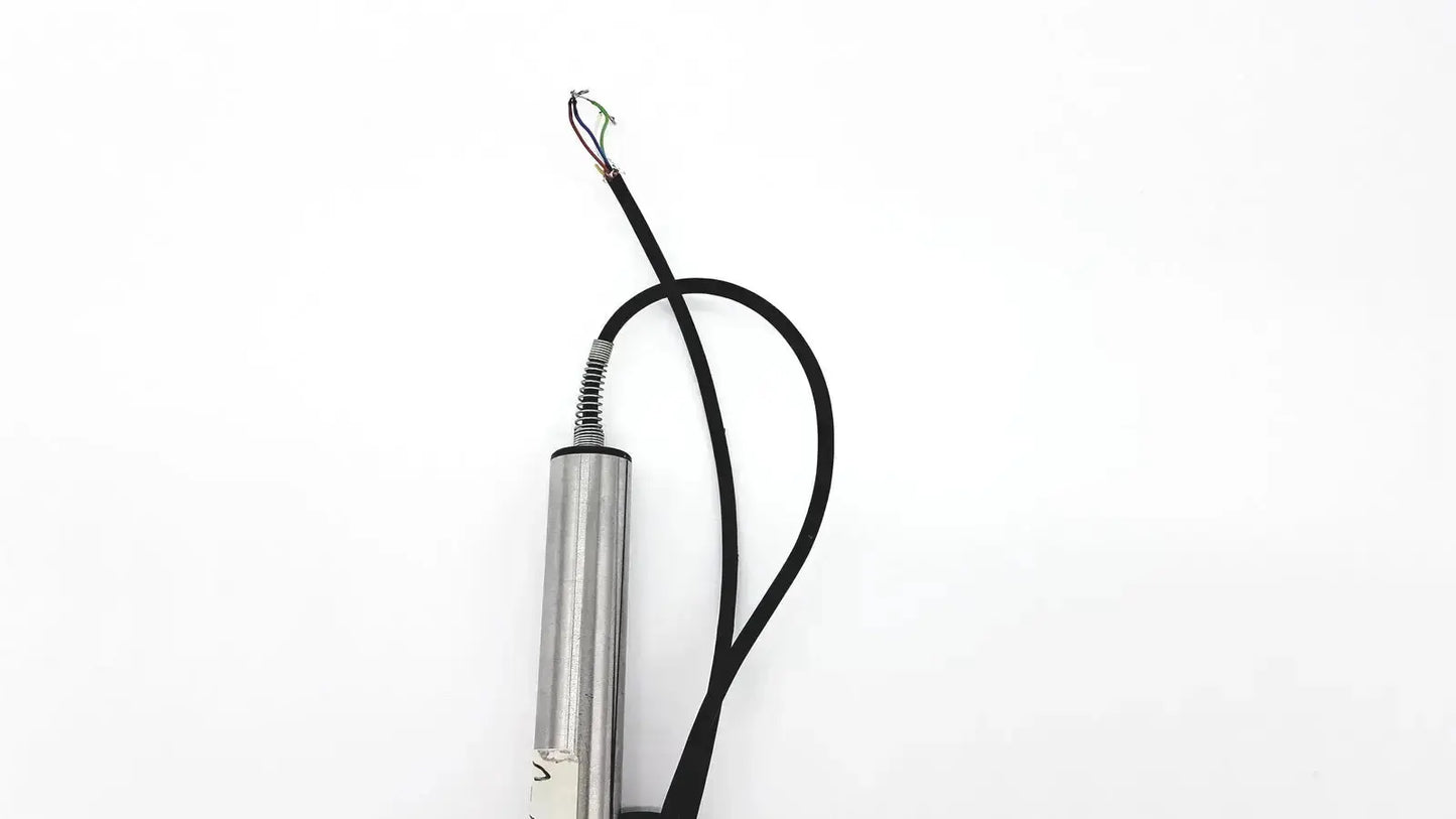 Silver cylindrical omega ld300-150 lvdt linear position sensor with black cable and exposed wires for precise measurement