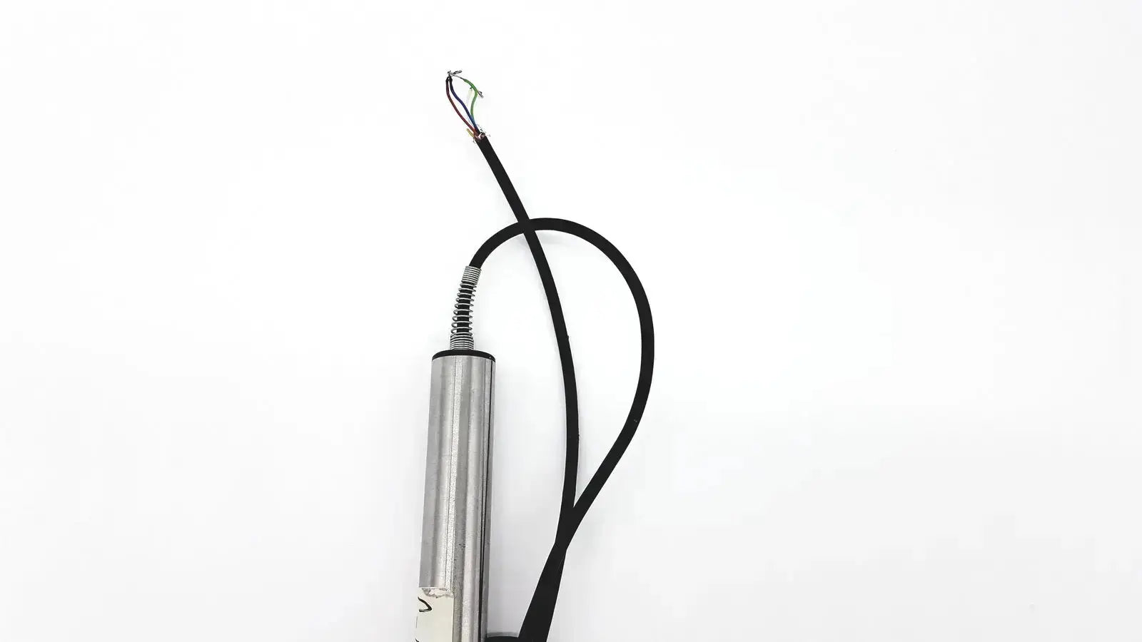 Silver cylindrical omega ld300-150 lvdt linear position sensor with black cable and exposed wires for precise measurement