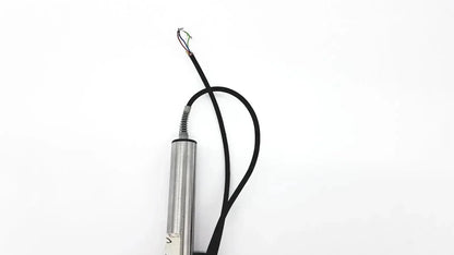 Silver cylindrical omega ld300-150 lvdt linear position sensor with black cable and exposed wires for precise measurement