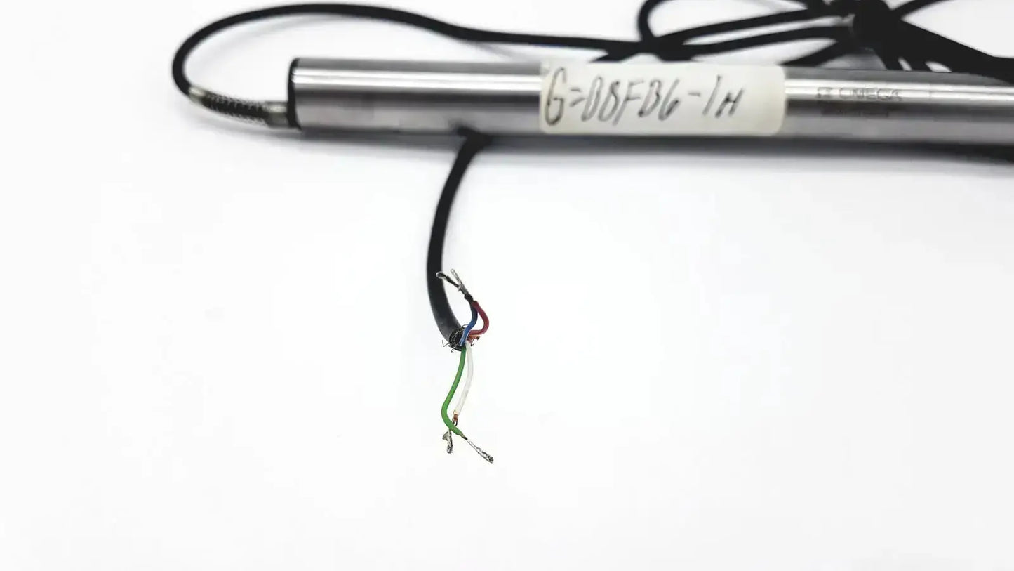 Silver cylindrical omega ld300-150 lvdt linear position sensor with black cable and exposed multi-colored wires