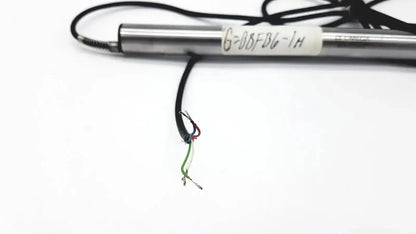 Silver cylindrical omega ld300-150 lvdt linear position sensor with black cable and exposed multi-colored wires