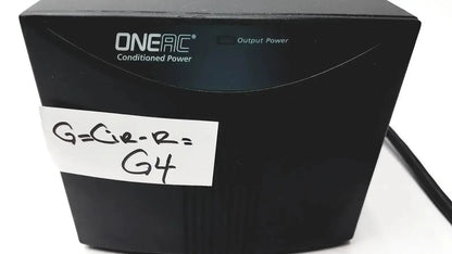 Black oneac conditioned power pcm550a surge protector with handwritten label on front for power conditioning