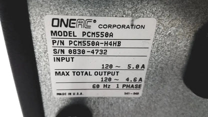 Onerac conditioned power pcm550a power supply unit with white label showing model part number and electrical specs