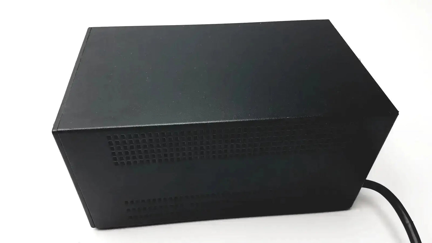 Black rectangular power supply unit with perforated vent and cable for oneac conditioned power pcm550a back side