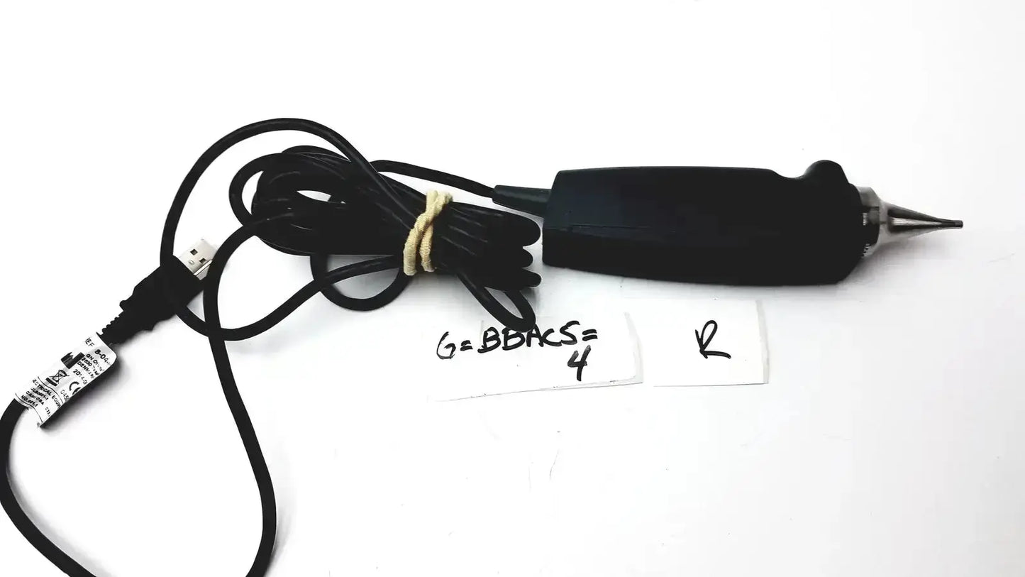 Black handheld electric engraving tool with pointed metal tip and coiled usb cable for hearing care video otoscope use