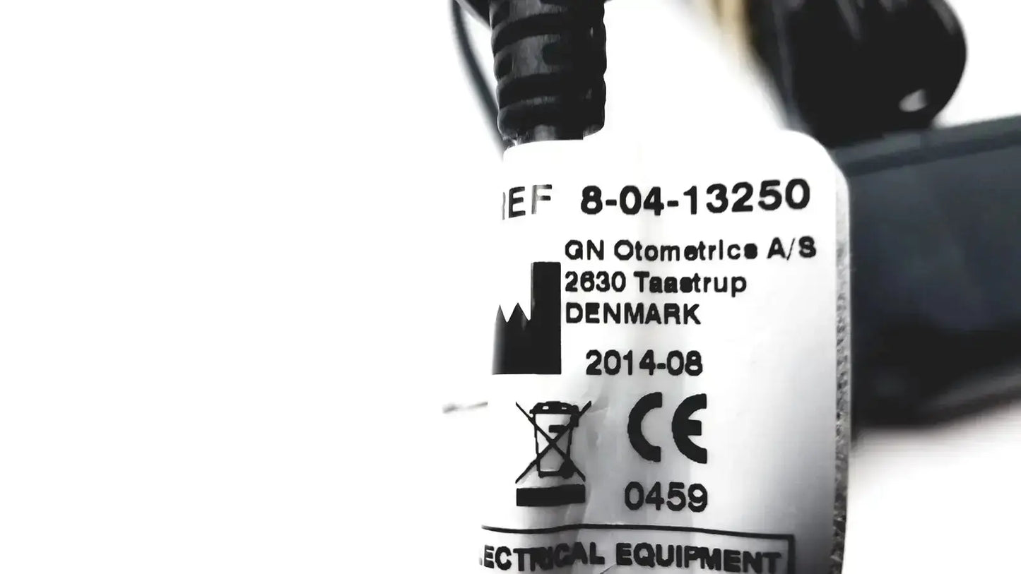 White rectangular label on the back of a gn otometrics otocam 973530 video otoscope for hearing care used medical equipment sale