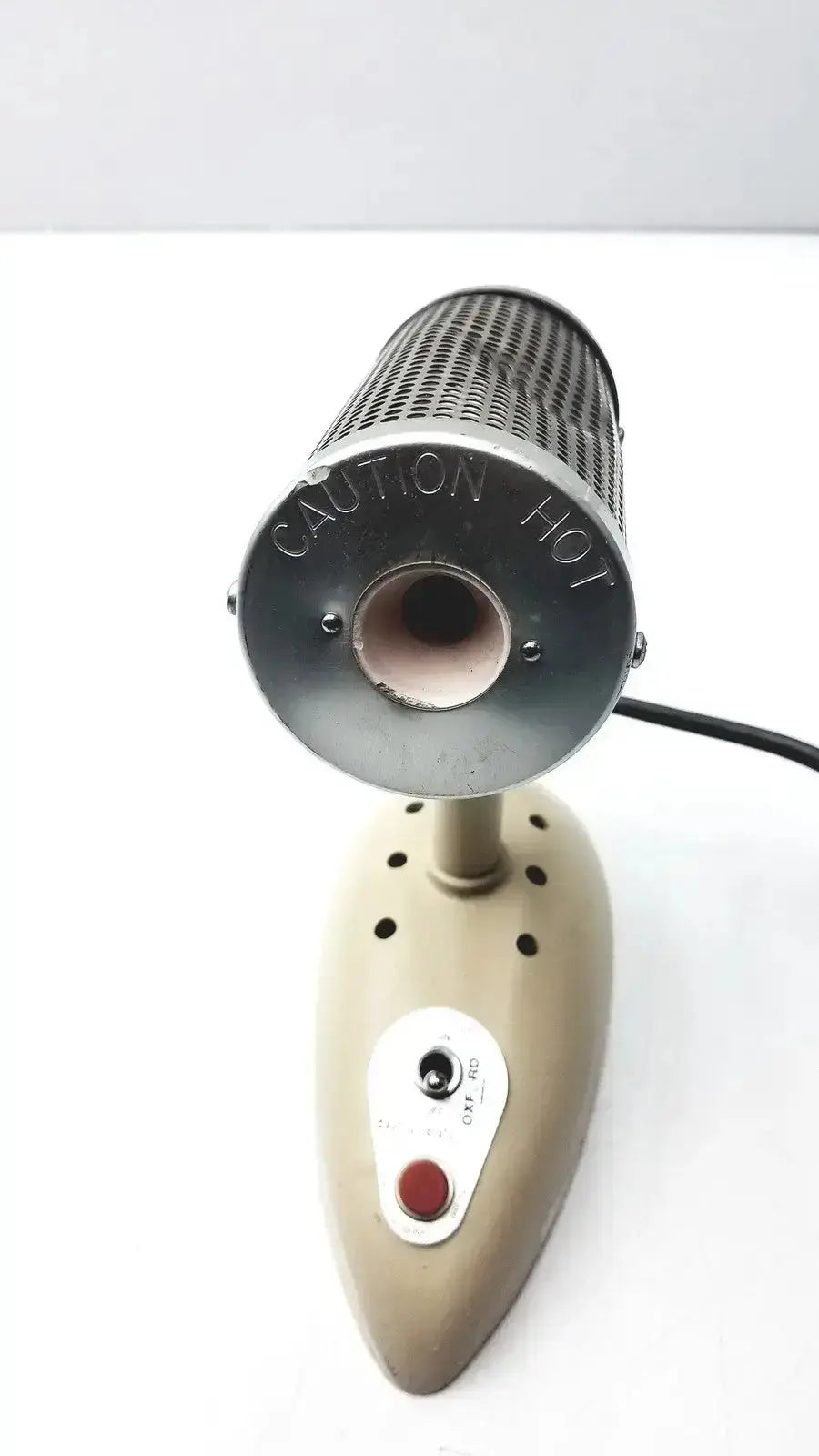 Vintage-style beige oxford labware iii sterilizer electric hair dryer with metallic mesh barrel and caution hot base engraving