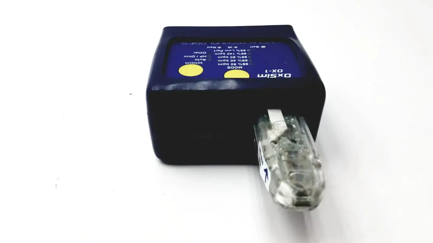 Black rectangular OxSim OX-1 pulse oximeter simulator with transparent segmented probe for accurate oximeter simulation