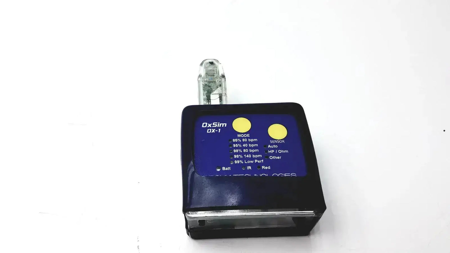 Black rectangular oxsim ox-1 pulse oximeter simulator with two yellow buttons and transparent sensor probe on top