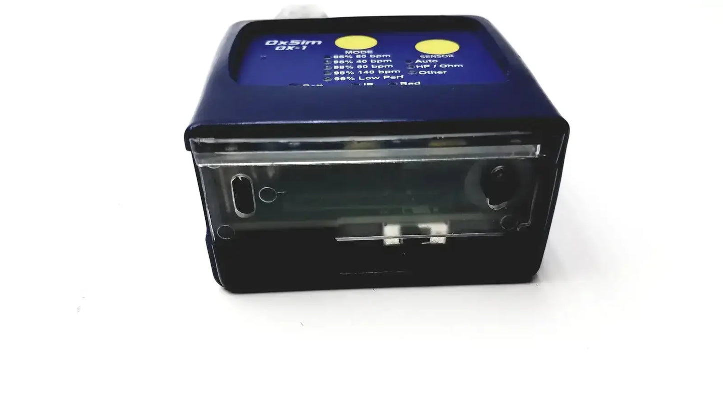 Blue and black oxsim dx-1 pulse oximeter simulator with transparent front panel displaying measurement settings