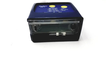 Blue and black oxsim dx-1 pulse oximeter simulator with transparent front panel displaying measurement settings