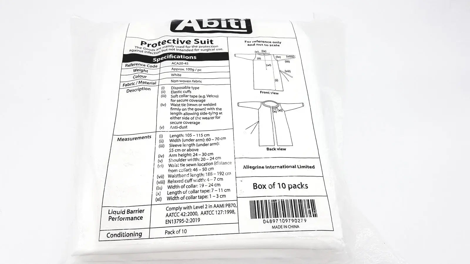 Pack of 10 Abiti Level 2 Isolation Gown Protective Suit ACA20-45