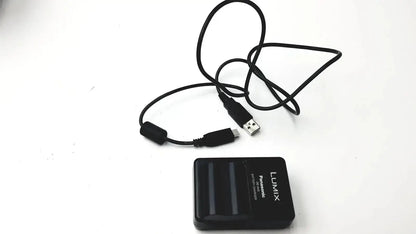 Black Panasonic Lumix DE-A43 battery charger with coiled USB cable for Panasonic model DMC-FZ35 digital camera
