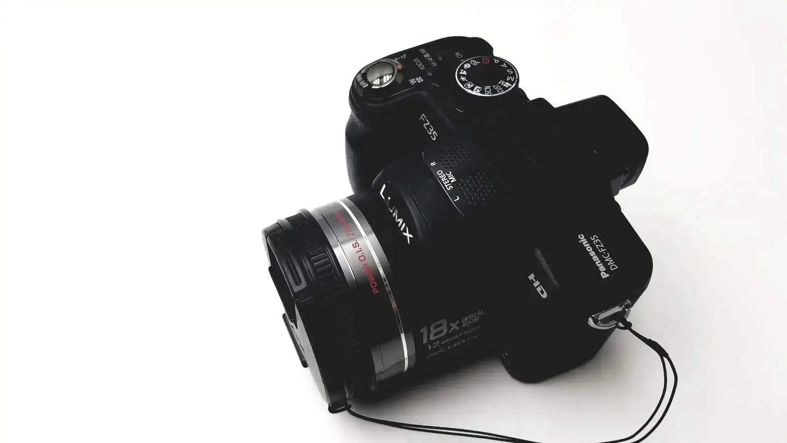 Black panasonic model dmc-fz35 digital camera with 18x optical zoom lens and lumix de-a43 battery charger