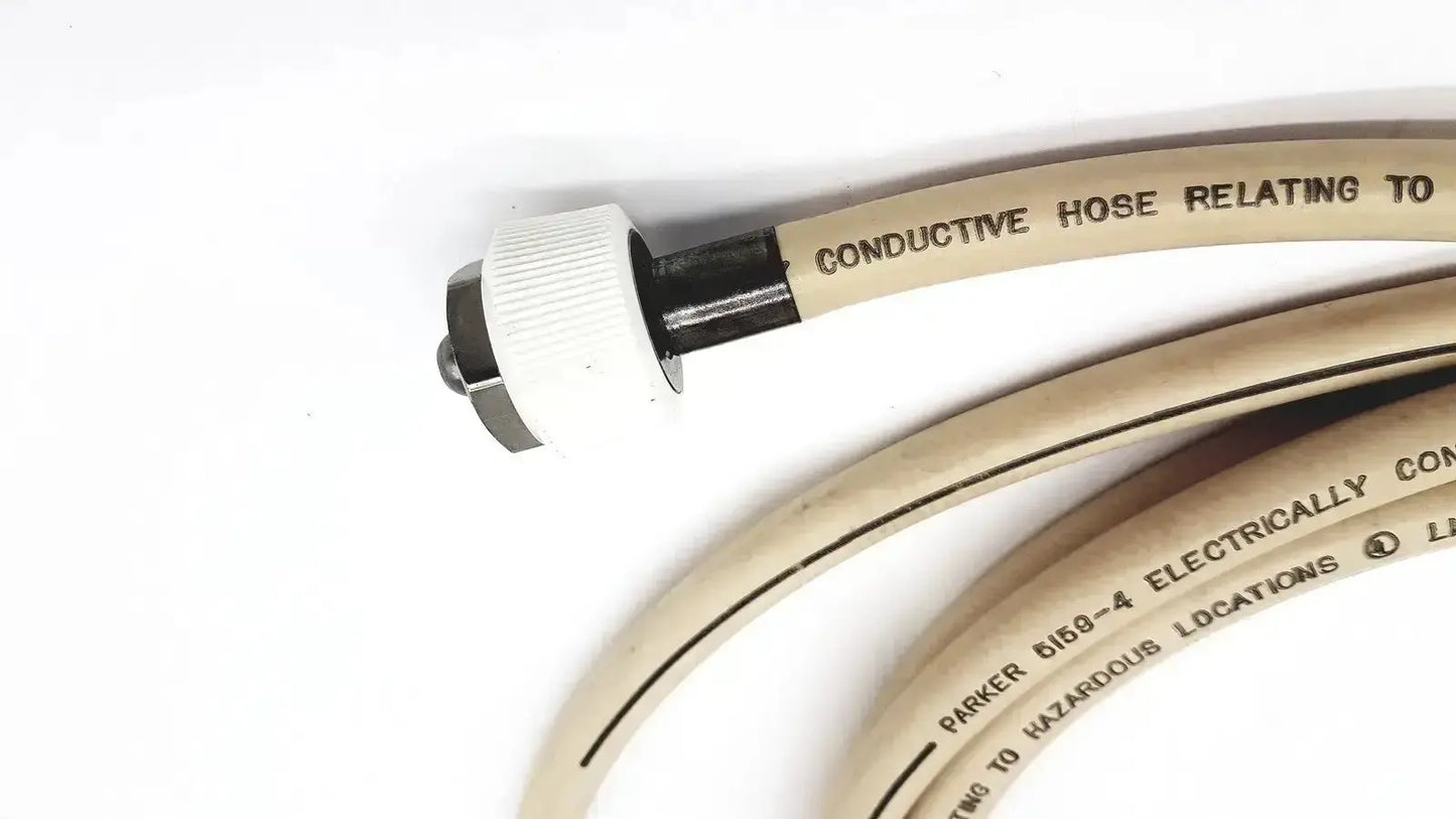 Beige electrically conductive hose parker 5159-4 with black text and white threaded adapter for industrial use