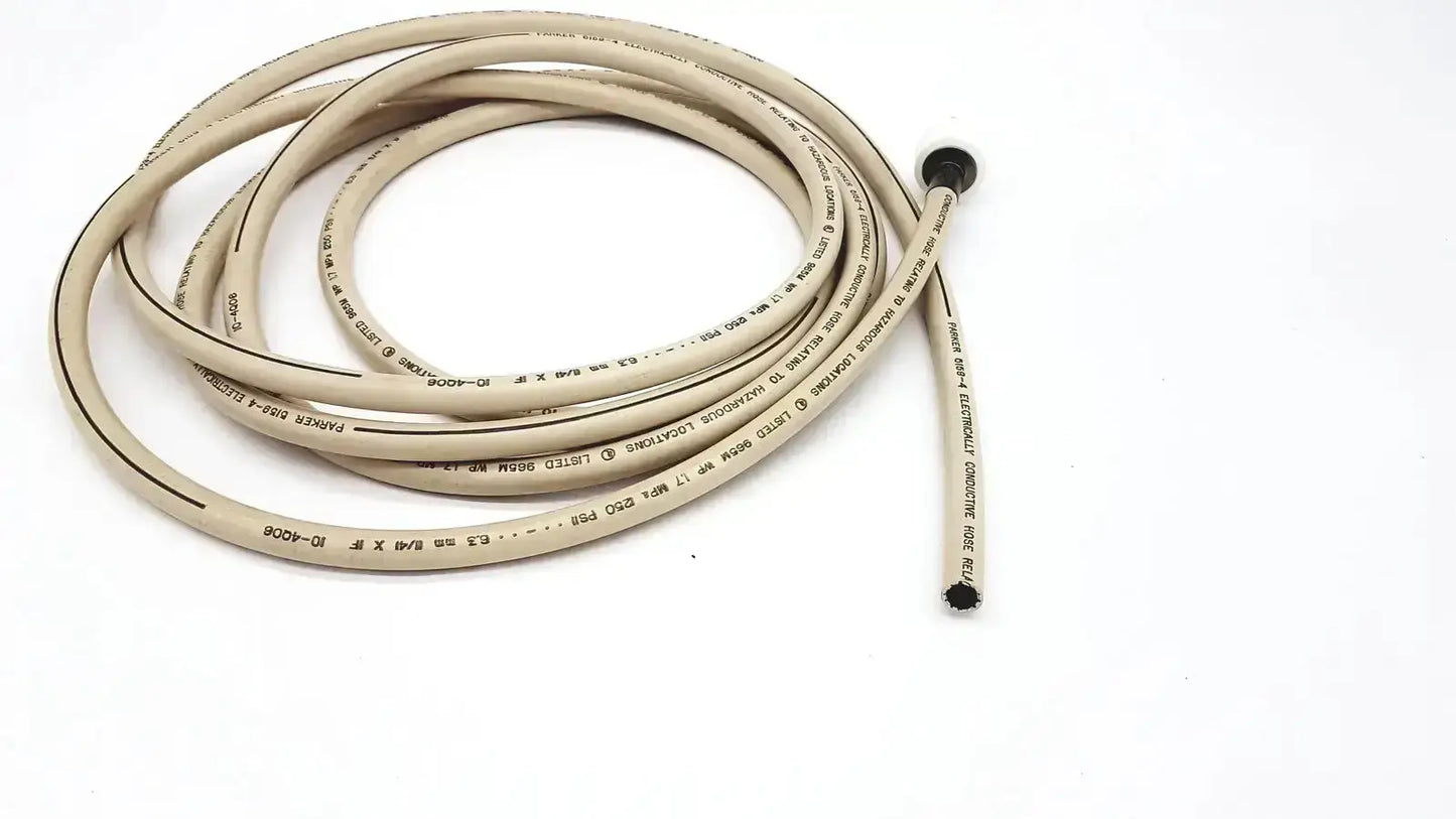 Beige coiled electrically conductive hose with black end caps and printed specifications for industrial use parker 5159-4