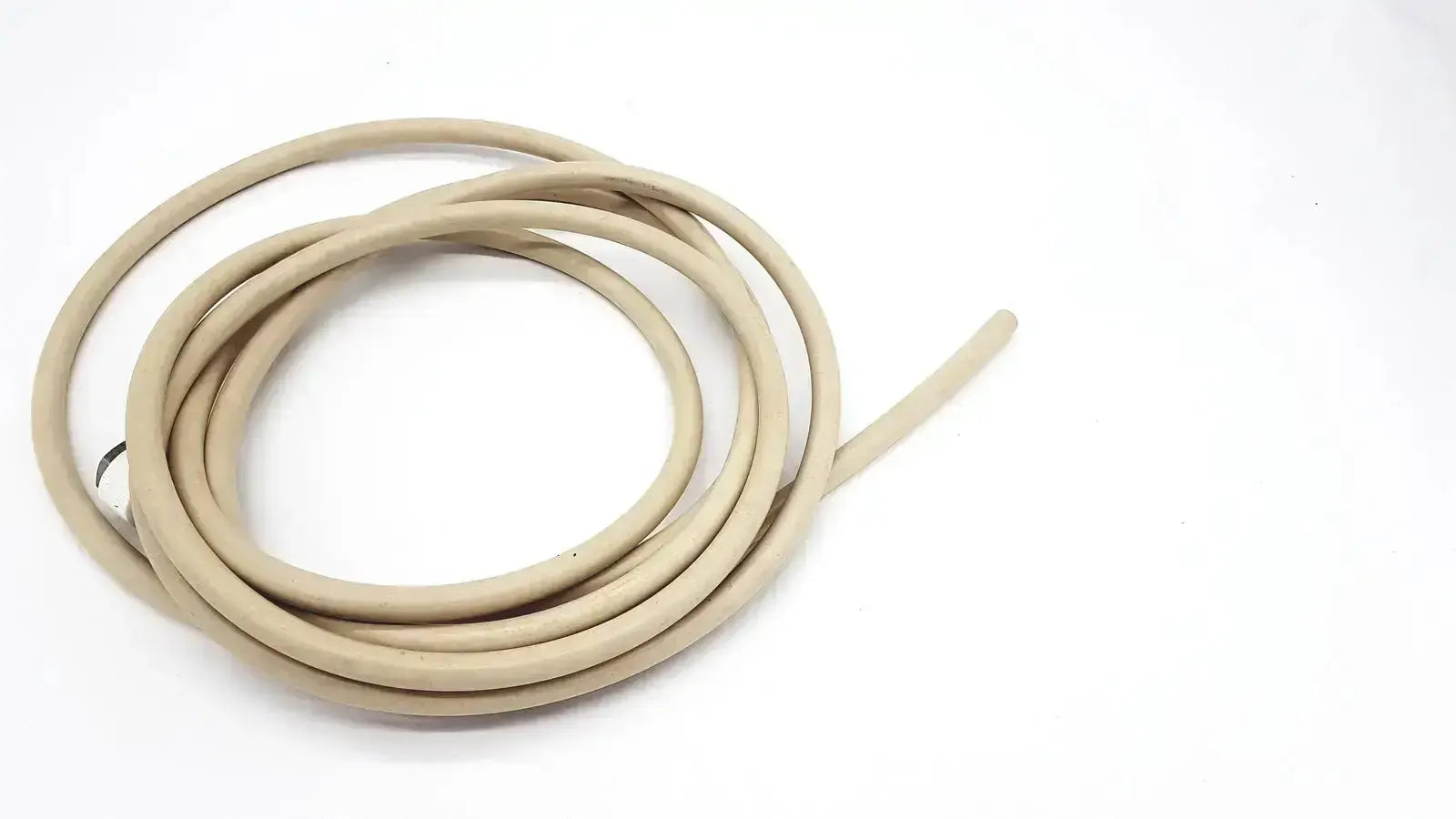 Beige coiled parker 5159-4 electrically conductive hose with adapter featuring smooth slightly textured surface