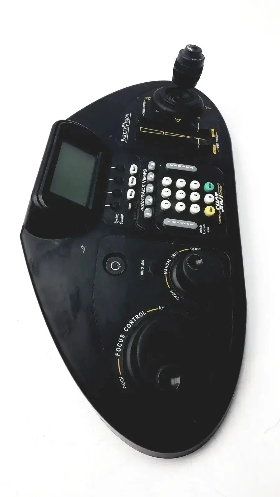 Black matte-finish Parker Vision JSC-2100 shot director controller with screen, buttons, joysticks, and focus zoom dials