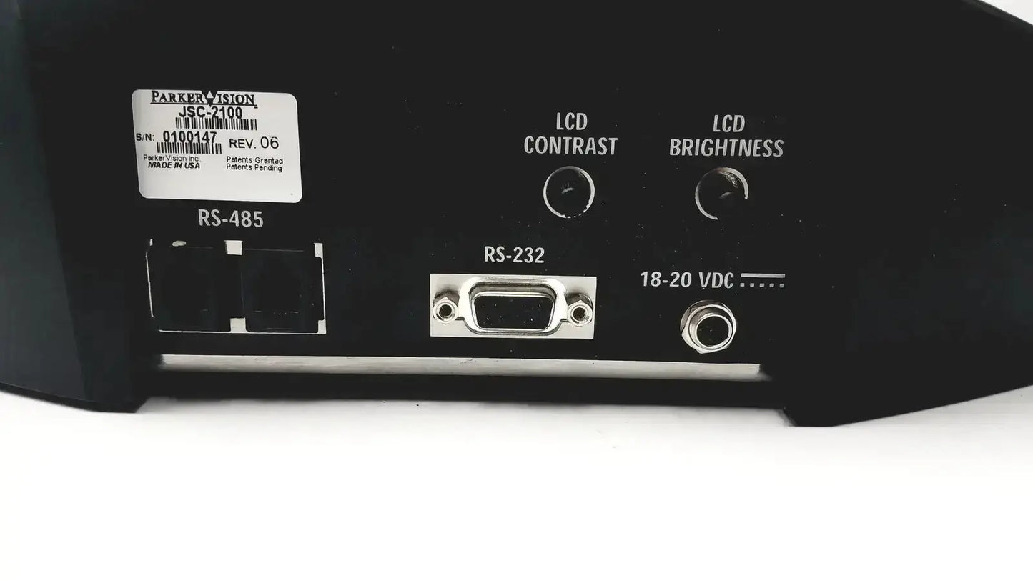Black parker vision jsc-2100 camera man shot director controller back with silver rs-485 rs-232 ports and rotary knobs