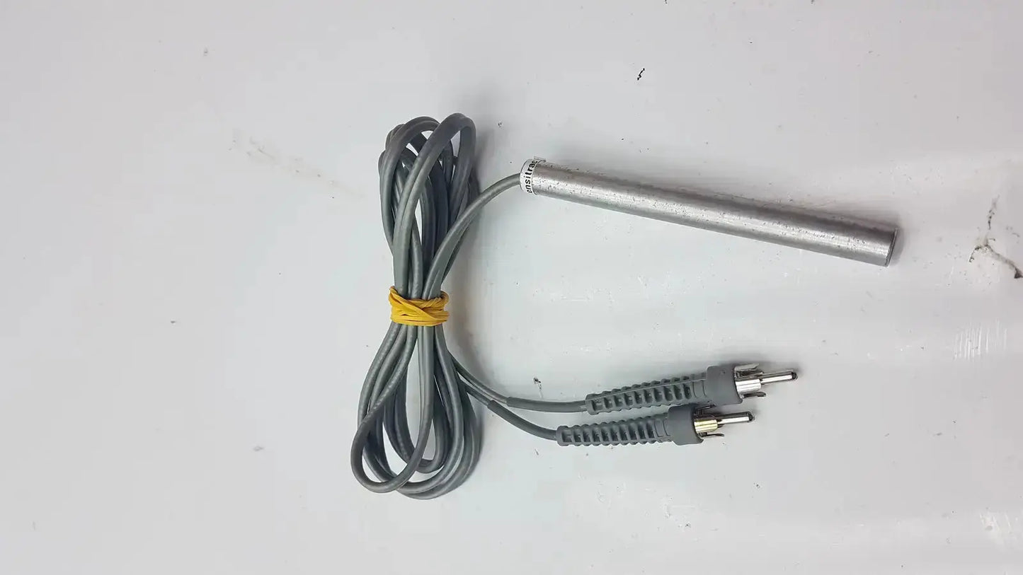 Gray coiled cable with two rca connectors and metallic probe tied by yellow band parks medical electronics mhz pencil doppler probe