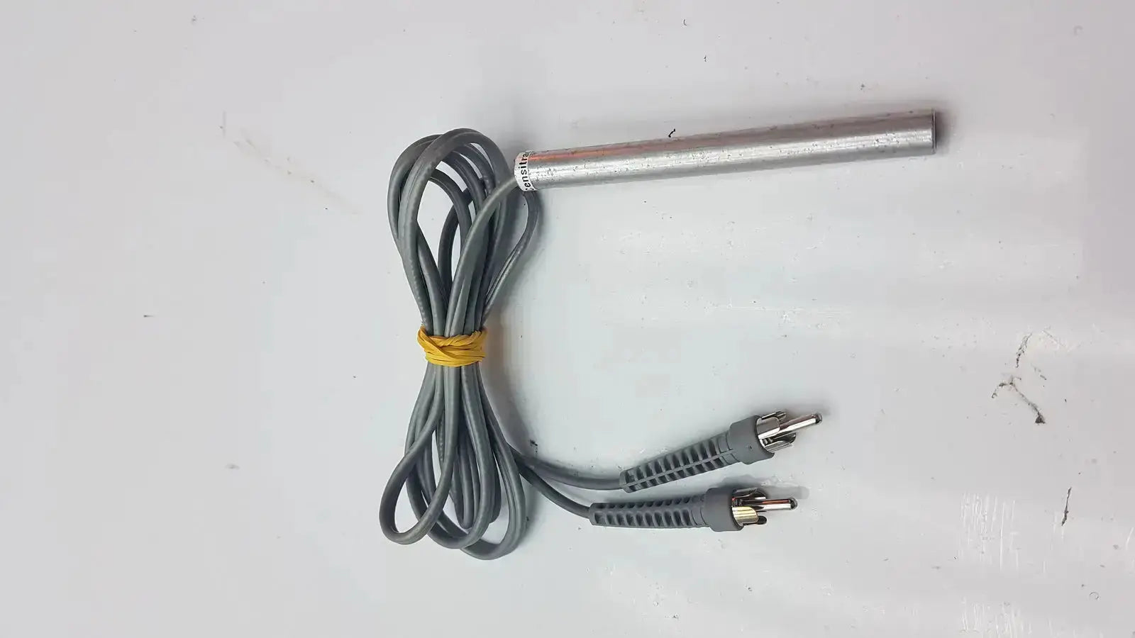 Gray coiled pencil doppler probe with rca connectors and metallic cylindrical sensor by parks medical electronics 8.1 mhz