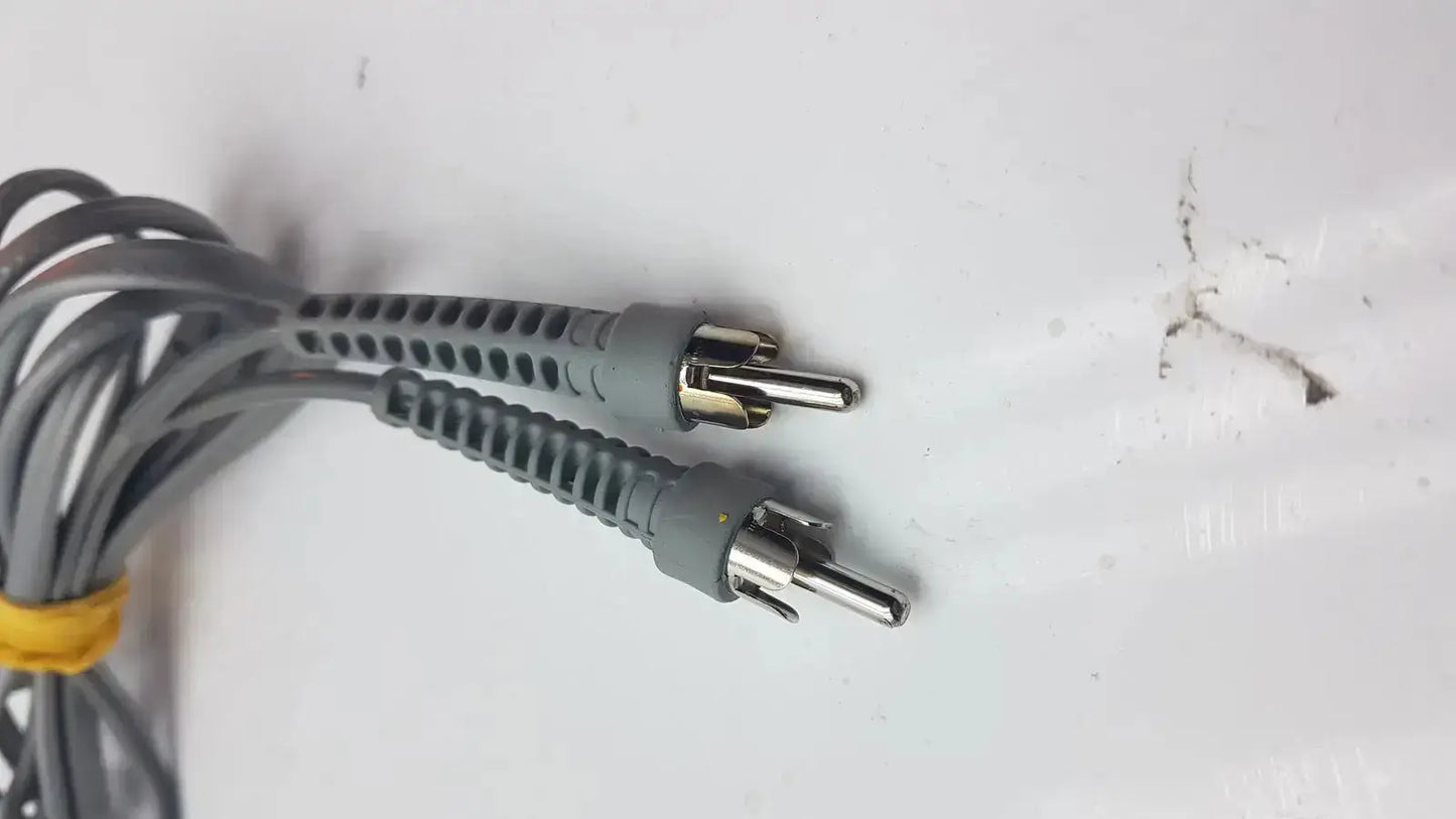 Gray rca audio video cable with metallic connectors and yellow tie for parks medical electronics mhz pencil doppler probe