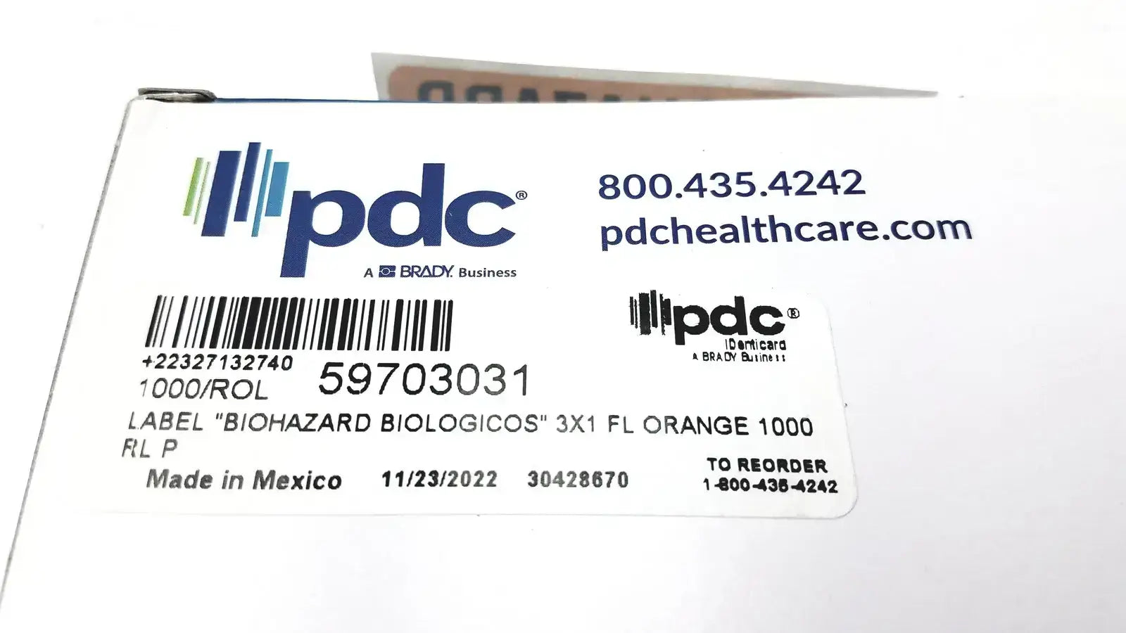 PDC 59703031 Label Biohazard Biologicos Hazard Identity 3 x 1 FL Orange 1000 - Labels