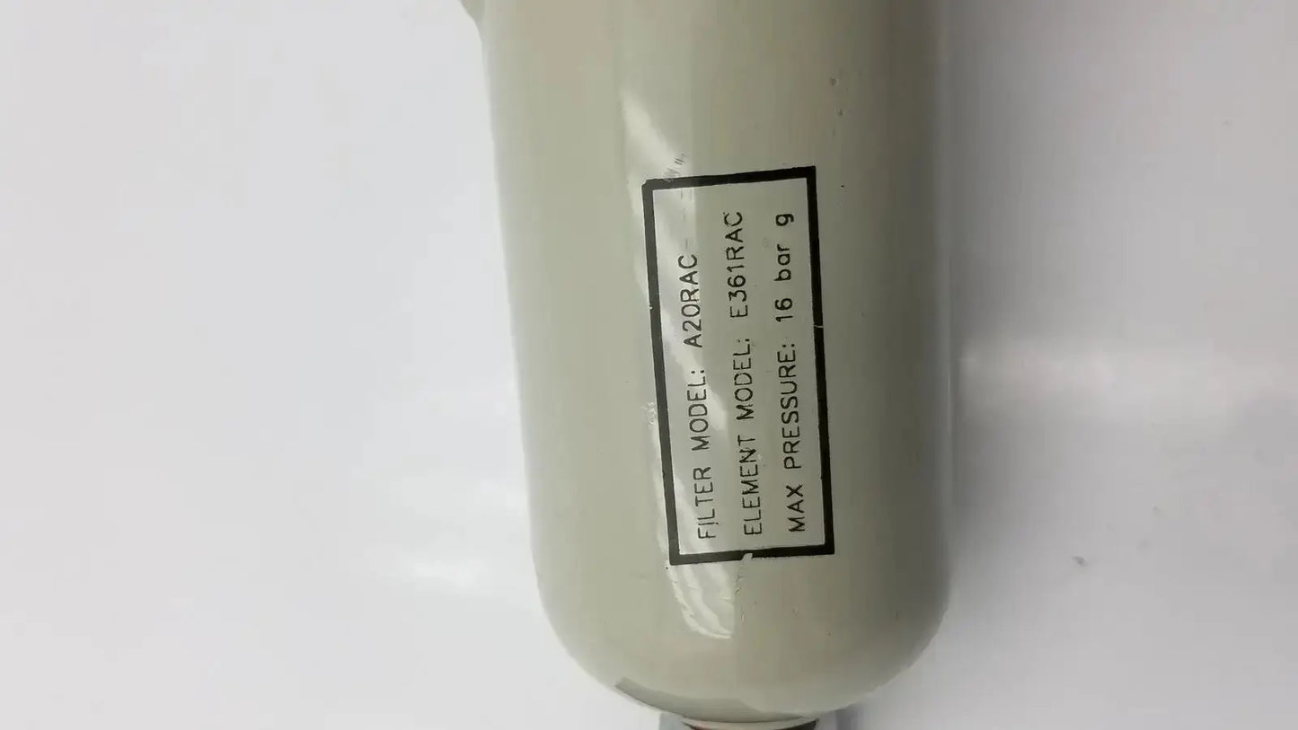 Light gray cylindrical filter element peak scientific a20rac model with black label showing e361rac specifications
