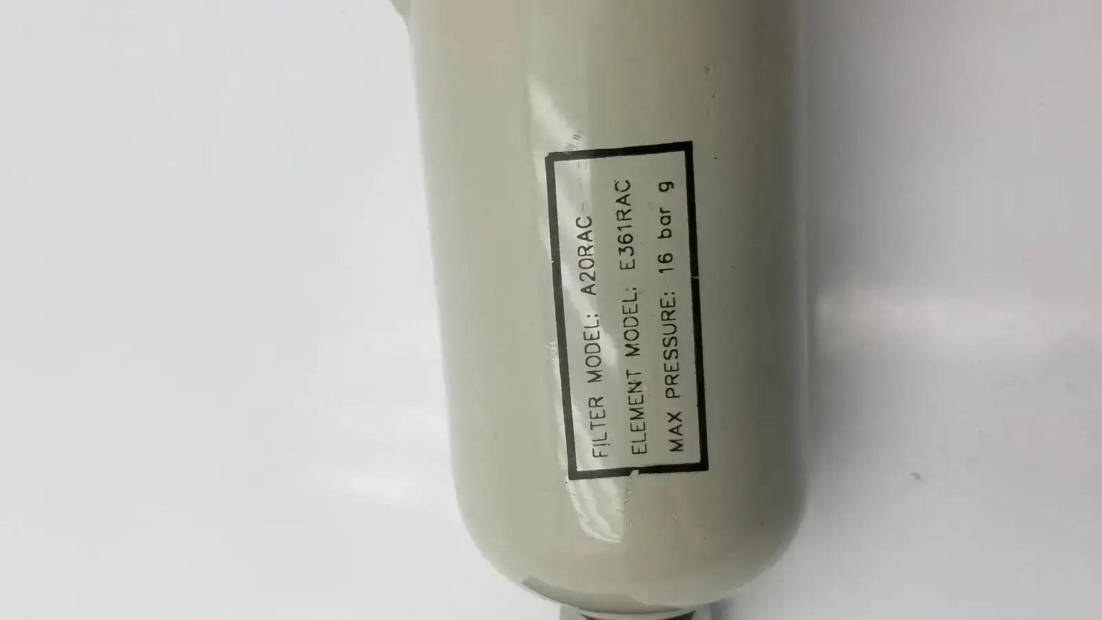 Light gray cylindrical filter element peak scientific a20rac model with black label showing e361rac specifications