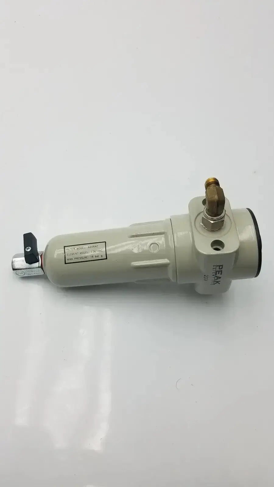 Beige peak scientific a20rac industrial air filter with brass fittings black knob model e361rac for gas purification