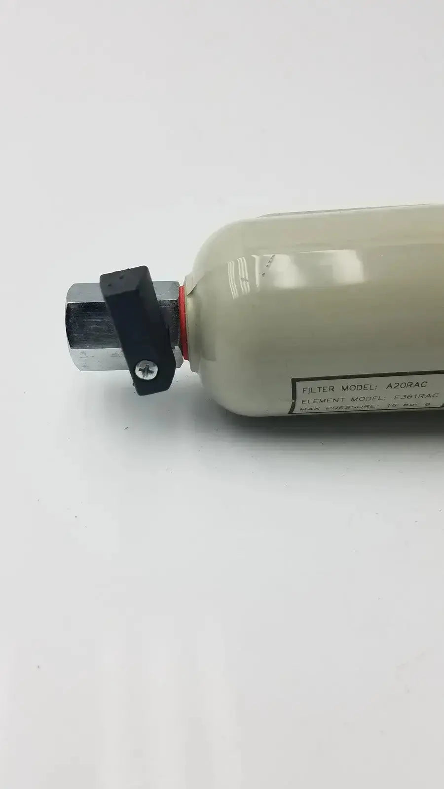Beige cylindrical air filter with black silver threaded end cap labeled filter model 420rac for peak scientific a20rac e361rac