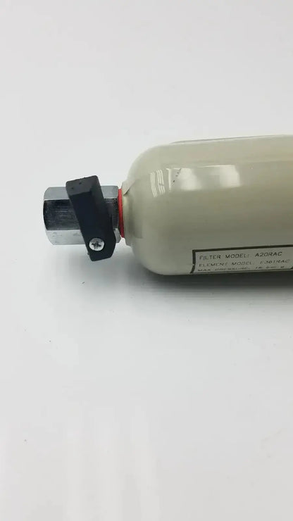 Beige cylindrical air filter with black silver threaded end cap labeled filter model 420rac for peak scientific a20rac e361rac