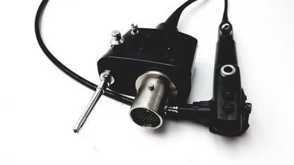 Black and silver pentax eb 1570k bronchoscope endoscopy endoscope with cylindrical lens housing connected by cables to control unit
