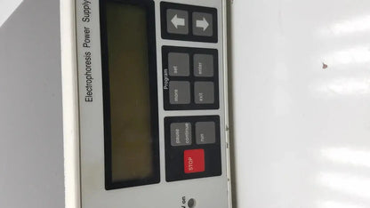 White Pharmacia Biotech EPS 600 electrophoresis power supply with black control panel red stop button and labeled keys