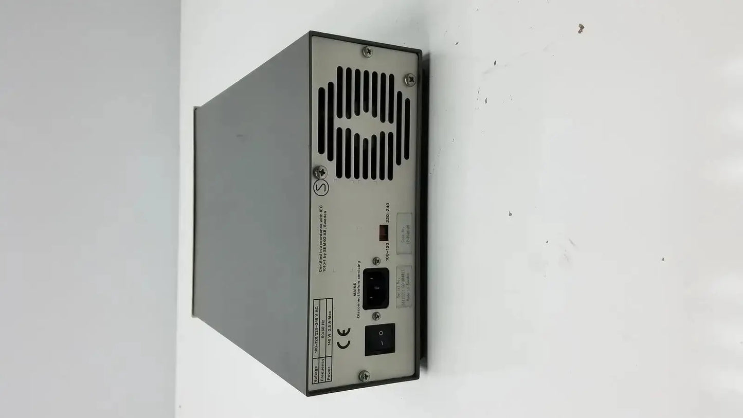Silver metal electrophoresis power supply with ventilation slits and labeled ports for pharmacia biotech eps 600 model