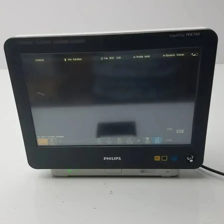 Black Philips 865241 IntelliVue MX700 bedside patient monitor with touchscreen displaying patient monitoring data