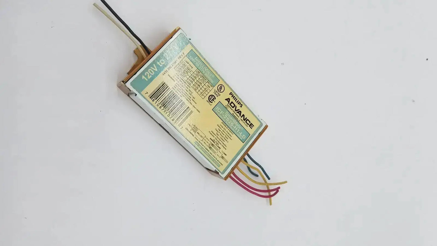Philips advance smartmate icf-2s42-m1-ld fluorescent ballast with beige and green label and multi-colored wires visible