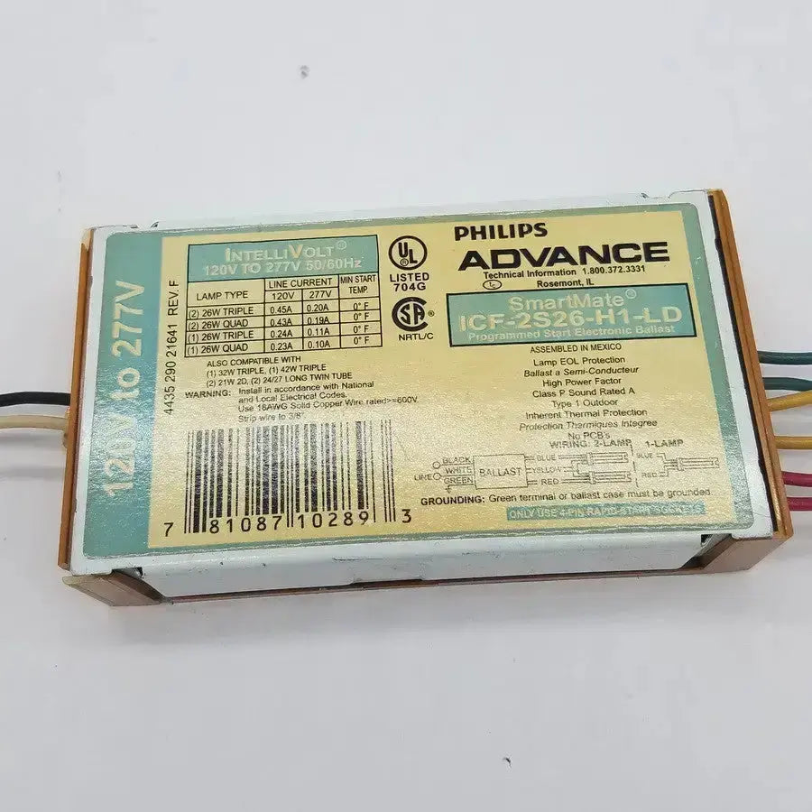 Philips advance smartmate electronic ballast icf-2s42-m1-ld in rectangular metal casing with beige and teal label