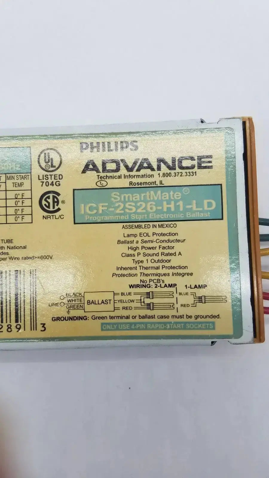 Philips advance smartmate icf-2s42-m1-ld electronic ballast with beige label and metallic casing for programmed start