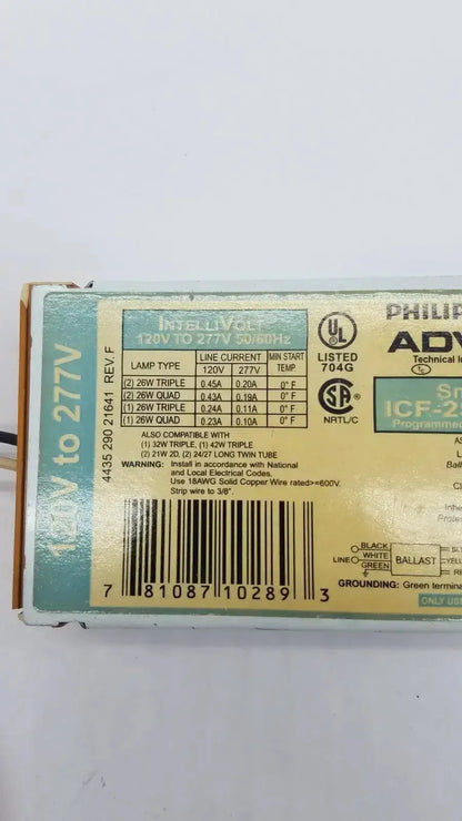 Image of philips advance smartmate icf-2s42-m1-ld intellivolt 120-277v lamp base with technical specs and safety certifications