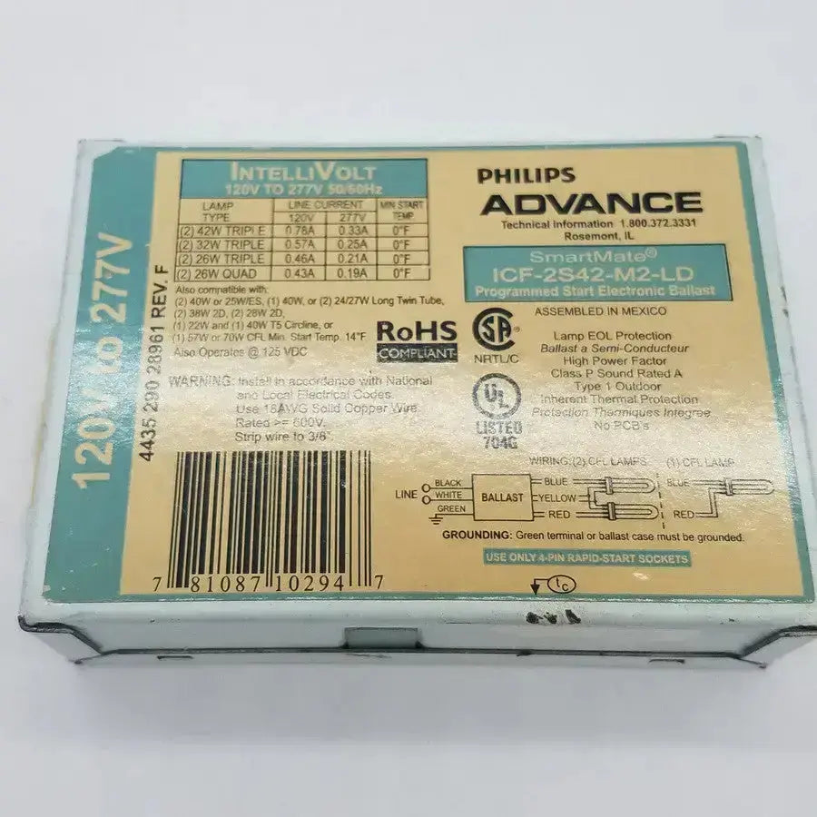 Philips advance smartmate icf-2s42-m2-ld programmed start electronic ballast in beige and teal box for lighting control