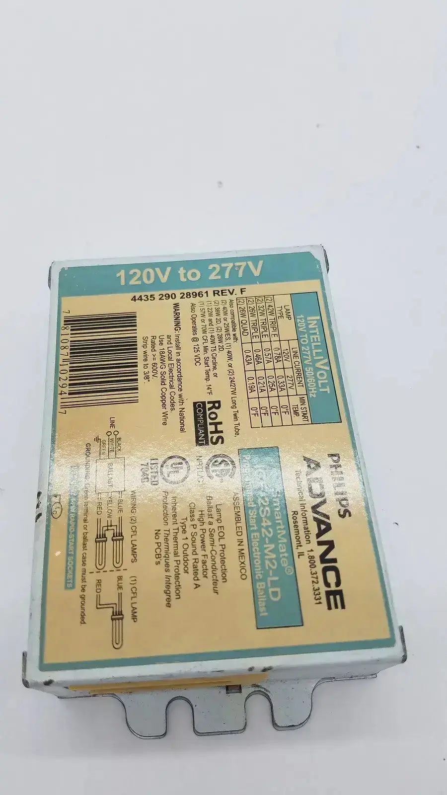 Philips advance smartmate 120v to 277v industrial voltage transformer in beige and teal cardboard box with printed specs