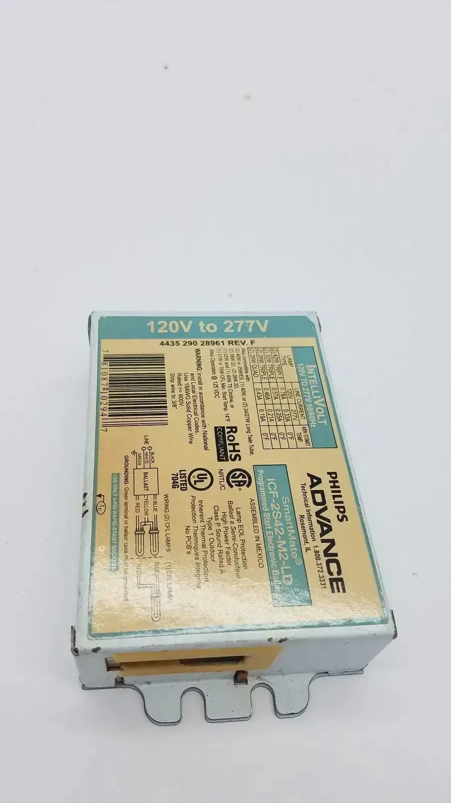 Philips advance smartmate fluorescent lamp ballast model gs-2542-m2-ld with beige and teal labeling for versatile voltage use