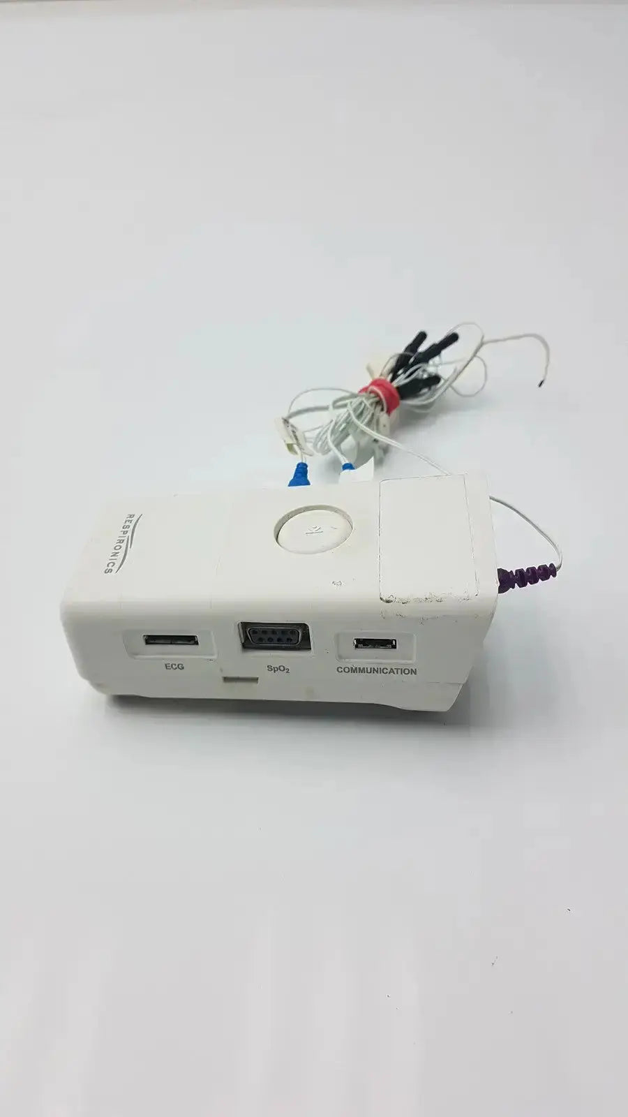 White rectangular philips healthcare respiironics aliice pdx medical device with labeled ports and attached cables visible from back side