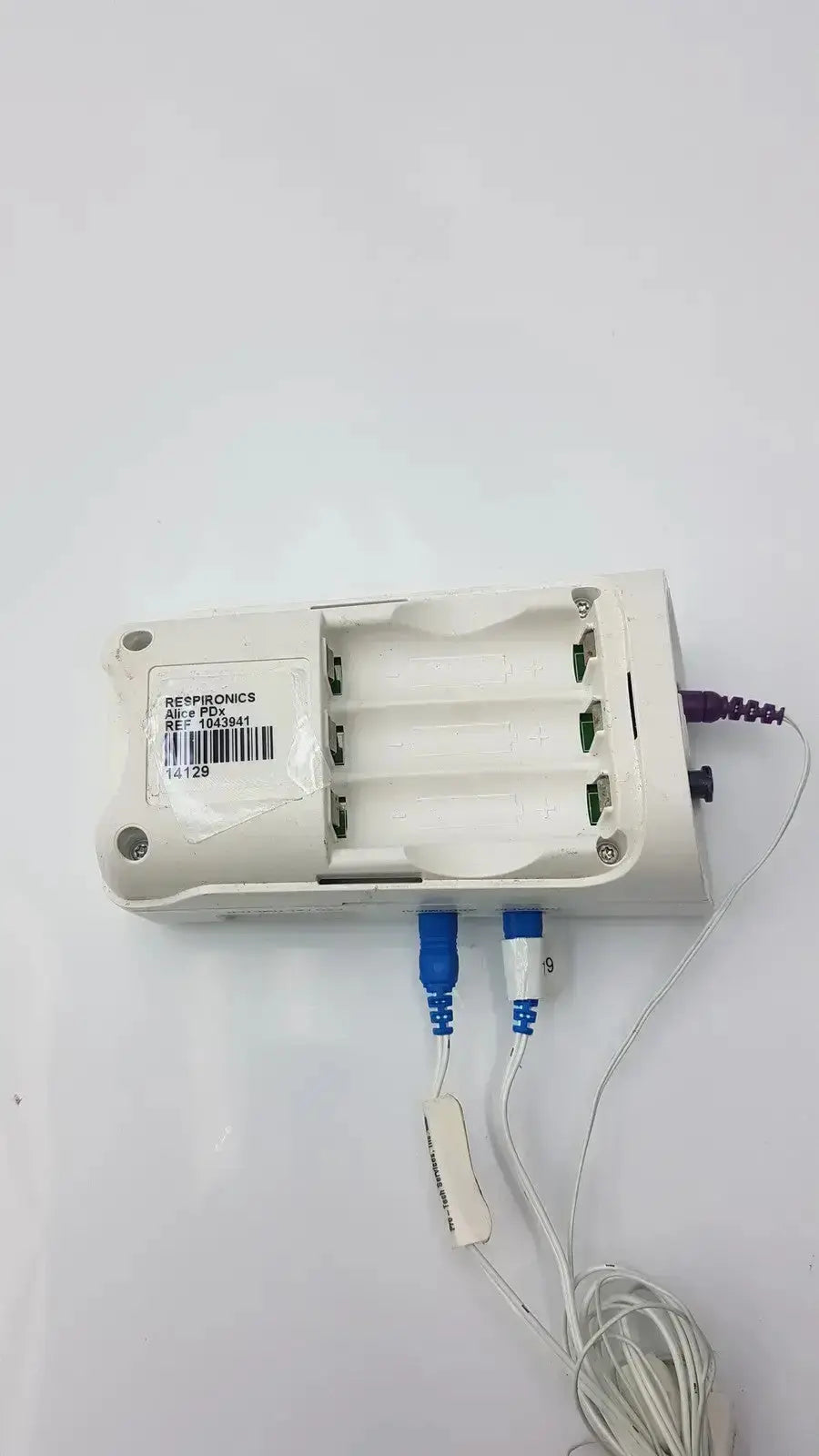 White aerogonics 4-slot battery charger with blue connectors and coiled cable for philips healthcare respiironics aliice pdx