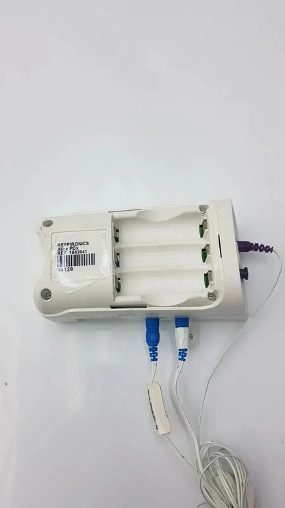 White aerogonics 4-slot battery charger with blue connectors and coiled cable for philips healthcare respiironics aliice pdx
