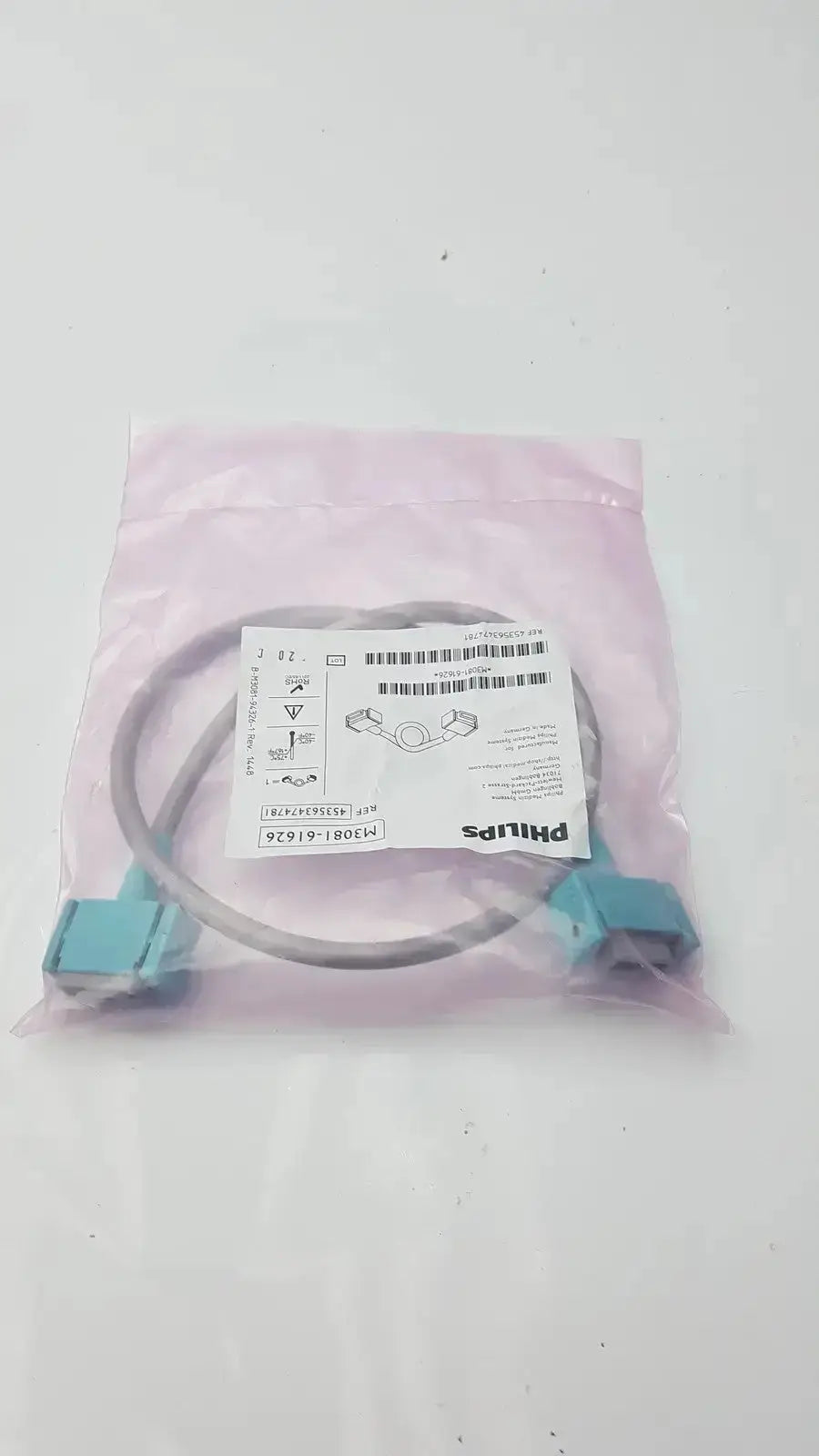 Philips Intellivue M3081-61626 gray and teal industrial interface cable with connectors packaged in clear plastic bag