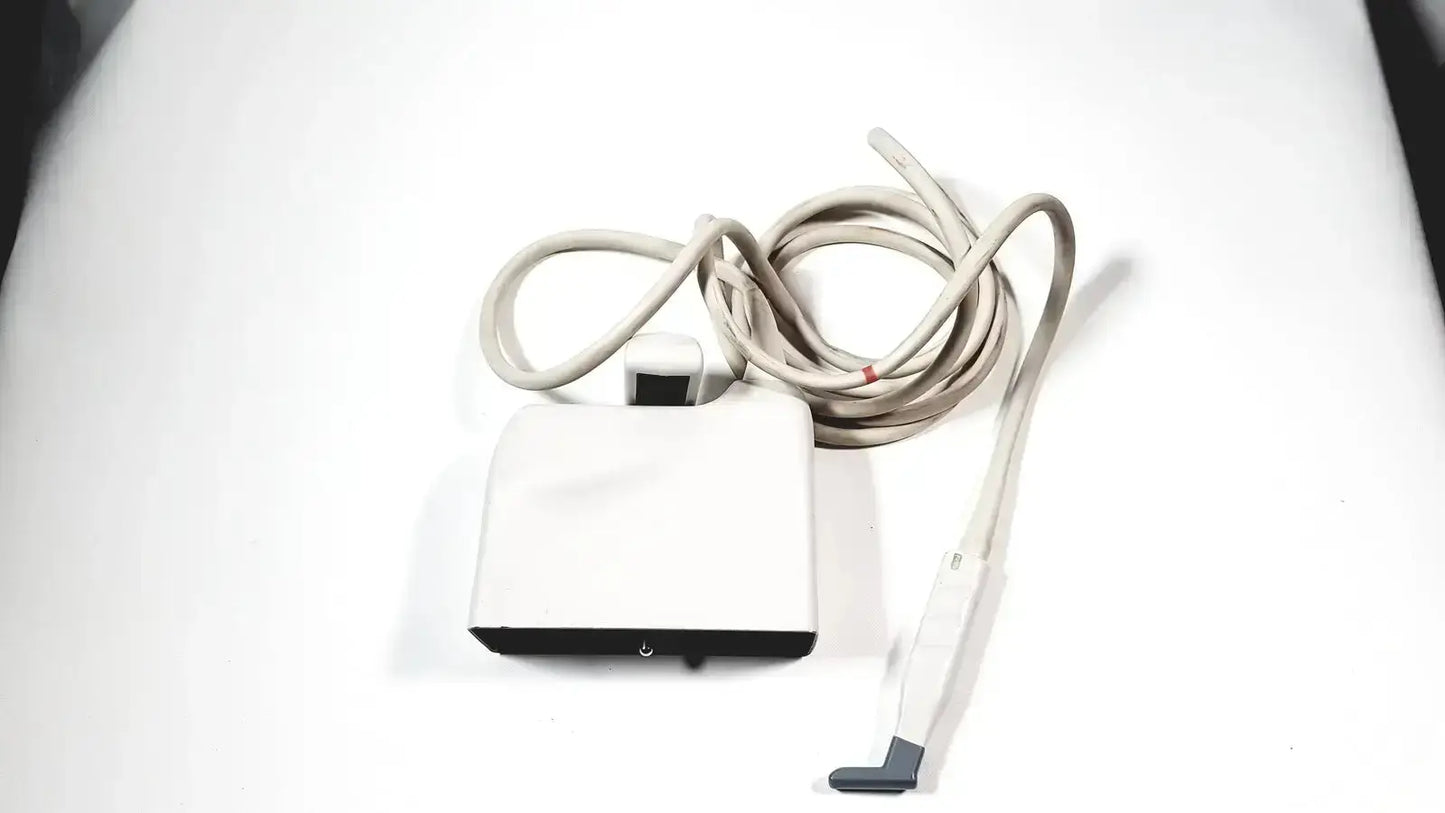 Philips L15-7io linear array ultrasound transducer probe with white rectangular head and black base for iU22 system