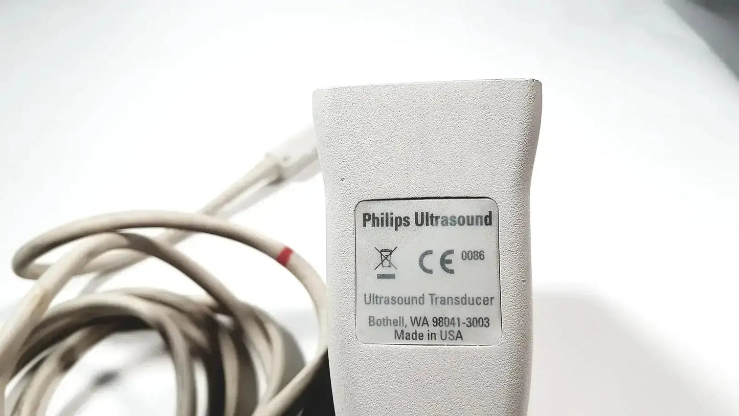 Gray Philips L15-7io linear array ultrasound transducer probe with textured surface and white model label for iU22 use